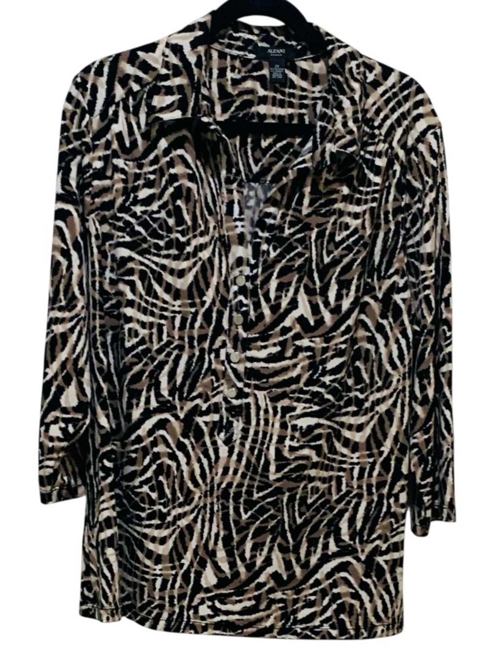 Alfani Collared 3/4 Sleeve Animal Inspired Black Tan Cream Printed Buttons 2X